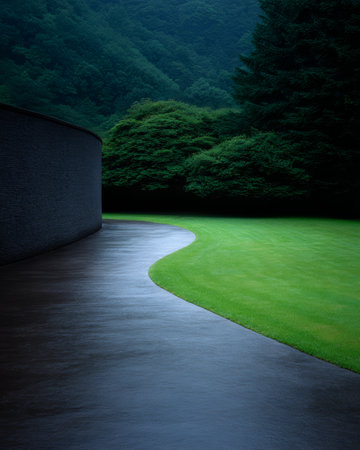 A smooth pathway gracefully curves through a lush green lawn bordered by dense trees. The scene is tranquil, suggesting an early morning or late afternoon glow.の素材