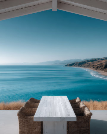 A serene terrace features a simple table and two chairs, providing a beautiful view of calm blue ocean waters and distant mountains under a clear sky at dawn.の素材