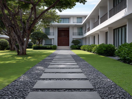A well-designed garden features a neat stone pathway winding through vibrant grass and manicured shrubs, leading to a modern, white-facade building with spacious balconies.の素材