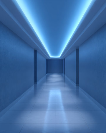 A long corridor features bright blue lighting along the ceiling. The smooth, reflective floor enhances the minimalist design, making the space feel sleek and modern.の素材