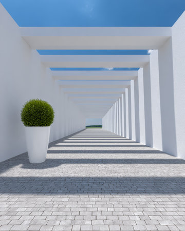 A long white corridor is lined with columns, casting shadows on the ground. A single green plant in a round pot adds a touch of color against the bright blue sky.の素材
