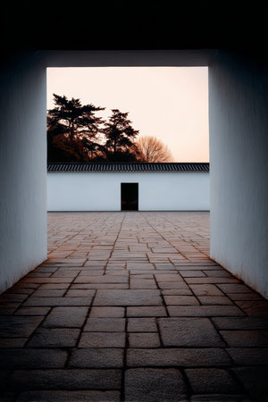 A tranquil view captured through an archway into a historic courtyard at dusk. The scene features stone pathways, a subtle sunset glow, and trees framing the ancient walls.の素材
