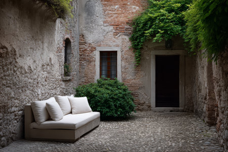 A peaceful courtyard features a soft sofa beside a leafy bush. The rustic stone walls create a charming atmosphere, perfect for relaxation in the afternoon.の素材