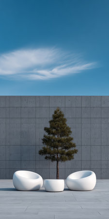 Seating designed in smooth, white curves surrounds a single tree in a minimalist outdoor space, set against a concrete wall under a clear blue sky.の素材