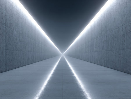 A long, narrow hallway features smooth stone walls and a polished floor that reflects bright light. The light comes from two lines along the top edges, creating a striking geometric effect.の素材