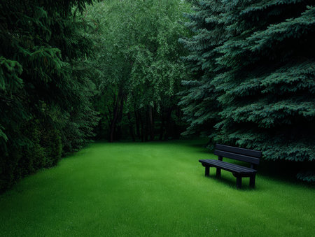 A serene park setting features a black bench placed on vibrant green grass, enclosed by tall trees creating a peaceful atmosphere. The sunlight filters through the leaves.の素材