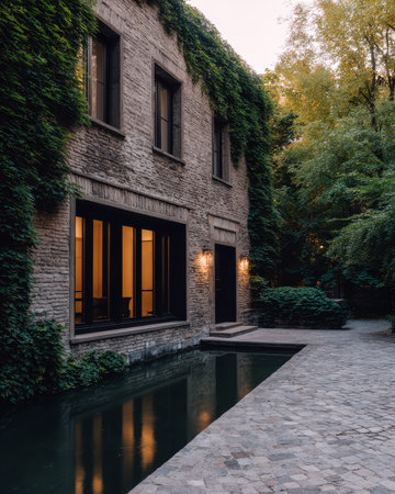 A beautiful brick structure is nestled among lush green vines and trees, reflecting soft light from its windows as the sun sets. The peaceful water feature adds to the tranquility of the area.の素材