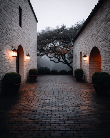 A peaceful courtyard is illuminated by warm lanterns as twilight sets in. The cobblestone path leads through archways, surrounded by lush green plants and looming misty trees.の素材