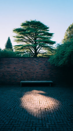 A peaceful garden scene features a wooden bench illuminated by sunlight, creating a calming atmosphere amidst the greenery and tall trees in the background.の素材