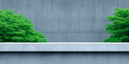 A sunny scene features a solid concrete wall with two vibrant green trees on each side, creating a striking contrast in the urban setting. Perfect for showcasing nature and architecture.の素材