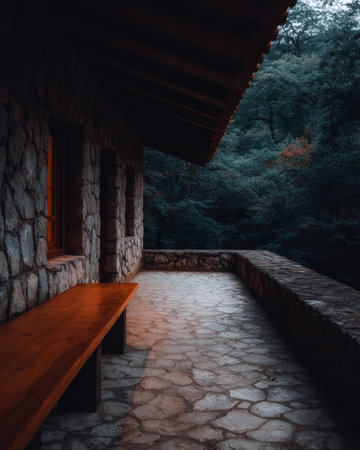 A rustic stone cabin boasts a wooden bench on its terrace, overlooking a tranquil forest. The evening light casts gentle shadows on the stone pathway, creating a serene atmosphere.の素材