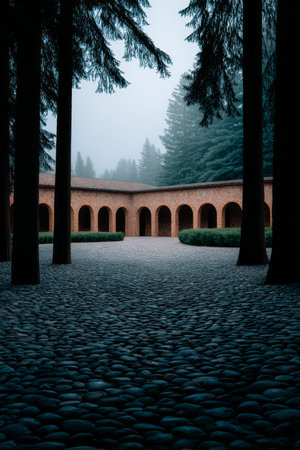 A serene courtyard filled with smooth stones is framed by tall trees on a misty morning. The soft fog creates a peaceful atmosphere, inviting quiet reflection and calmness.の素材