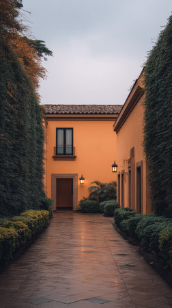 A serene pathway is framed by tall green hedges, leading to a cozy home with warm lighting. The scene is set in the early evening, offering a peaceful atmosphere.の素材