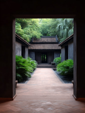 A peaceful courtyard features carefully arranged plants and wooden structures under a clear sky. Soft morning light enhances the calm atmosphere, inviting visitors to relax.の素材