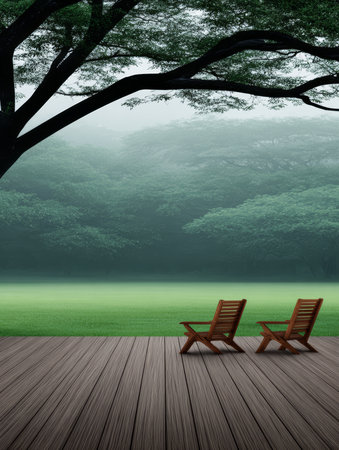 Two wooden chairs rest on a wooden deck, surrounded by lush green grass and trees. A soft mist blankets the scene, creating a peaceful and calm atmosphere.の素材