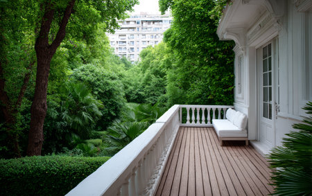 A peaceful balcony featuring a white sofa overlooks a vibrant green garden surrounded by tall trees and modern buildings. The tranquil setting offers a blend of nature and city life.の素材