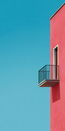 A striking pink wall features a simple black balcony that juts out, creating a bold contrast against the bright blue sky above. The scene captures contemporary design elements.の素材