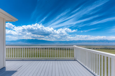 From a balcony, a beautiful scene unfolds featuring vast green fields and majestic mountains in the distance. Fluffy clouds drift across a bright blue sky, creating a tranquil atmosphere.の素材