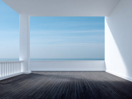 A spacious terrace features a beautiful view of the blue sky and ocean. The clean white walls and wooden floor create a serene atmosphere for leisure activities.の素材