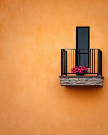 A small balcony features a black railing and a stone base, adorned with bright pink flowers. The vibrant orange wall creates a warm, inviting atmosphere in the scene.の素材