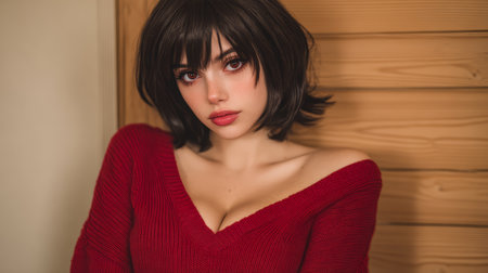 A young woman with dark hair strikes a playful pose while wearing a red sweater. Soft lighting enhances the warm, inviting atmosphere of the indoor scene.の素材