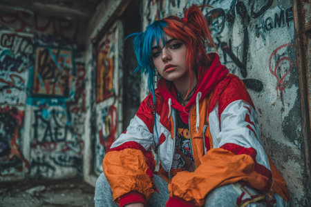 A young woman sits against a wall adorned with vibrant graffiti in an abandoned building. Her striking red and blue hair contrasts with her trendy outfit as she gazes thoughtfully into the distance.の素材