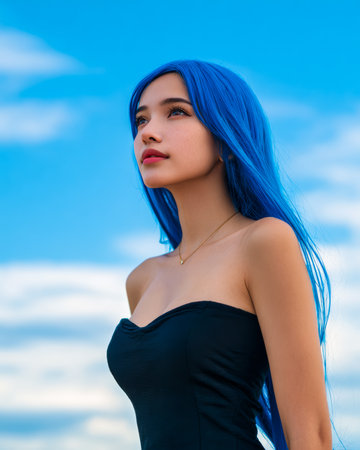 A young woman with long blue hair stands softly gazing upward against a bright sky filled with fluffy white clouds. Her calm expression reflects tranquility and nature's beauty.の素材
