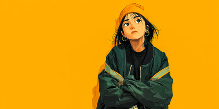 A young person stands with arms crossed, wearing a green jacket and an orange beanie. Their confident expression contrasts with the vivid yellow backdrop, creating a striking visual impact.の素材