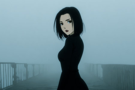 A dark-haired woman in a black outfit stands on a deserted pier surrounded by dense fog during twilight. The scene evokes a sense of mystery and solitude.の素材