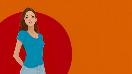A young woman poses confidently in a blue shirt while standing against a bright orange background featuring a large red circle. Her expression is calm and composed.の素材