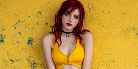 A woman with striking red hair poses confidently in a yellow top. She stands in front of a bright yellow wall, creating a lively summer atmosphere filled with personal style and urban energy.の素材