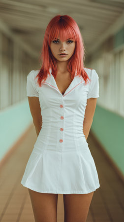A woman with vibrant red hair wears a fitted white dress with buttons, standing confidently in a light-filled corridor. The setting is contemporary, offering a unique fashion moment.の素材