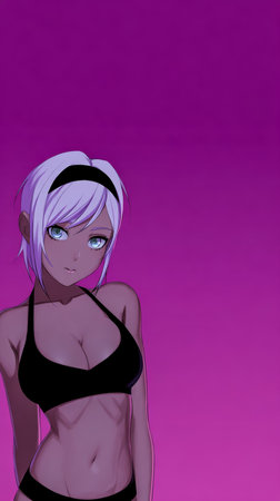 A young woman stands confidently, wearing a black bikini. Her short white hair is styled with a headband. The colorful pink background enhances her striking appearance.の素材