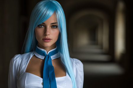 In a dim hallway, a young woman stands confidently, wearing a white outfit with a blue tie. Her striking blue hair contrasts sharply against the dark background, creating a captivating scene.の素材