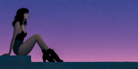 A young woman with dark hair sits on a ledge, gazing towards the horizon. The sky glows in shades of purple as stars begin to appear at twilight.の素材