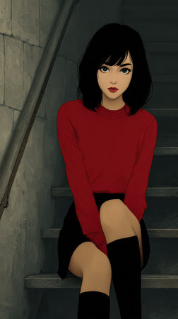 A young woman dressed in a red sweater and black skirt sits on a stairwell. Her expression is calm and thoughtful, with a backdrop of gray stone walls that add depth to the scene.の素材