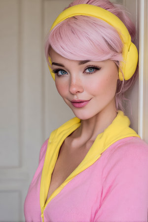 A young woman stands against a light-colored wall, smiling gently. She has vibrant pink hair styled in a loose updo, wearing a pink zip-up hoodie with a yellow collar, and matching yellow headphones.の素材