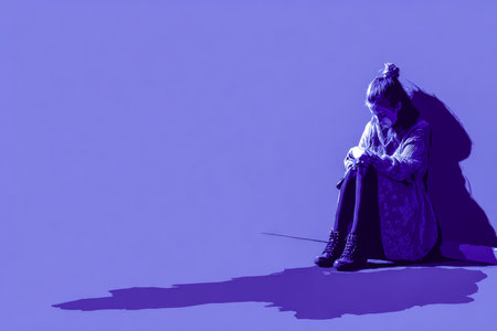 A young girl sits quietly against a vibrant purple wall in a corner. She looks contemplative, wrapped in a cozy sweater, with shadows casting softly around her.の素材