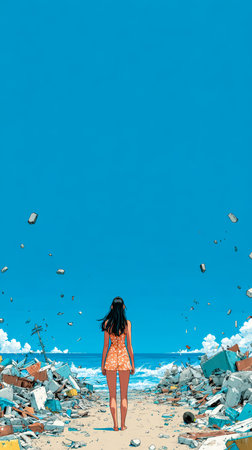A girl in a floral dress walks barefoot on a sandy beach. Around her, pieces of rubble and trash are scattered, contrasting with the bright blue sky and ocean waves.の素材