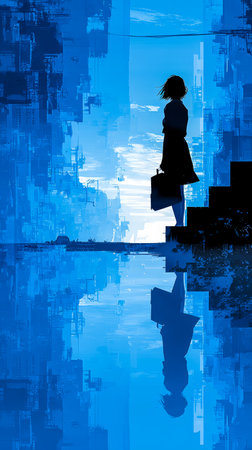 A woman stands silently in a blue-toned cityscape at twilight. She holds a briefcase and looks thoughtfully into the horizon. The scene reflects a blend of modernity and solitude.の素材