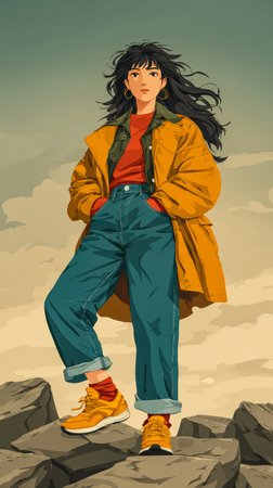 A young woman stands on rugged rocks, dressed in a bright orange coat and blue jeans. Her hair flows in the wind as she strikes a bold pose against a cloudy backdrop.の素材