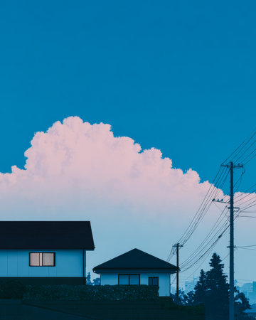 Two distinct houses stand silhouetted against a vivid blue sky, with fluffy clouds glowing softly during sunset and power lines stretching into the distance.の素材