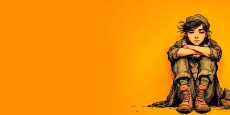 A young boy sits on the ground with his arms wrapped around his knees. He has a worried expression, showcasing feelings of sadness and isolation. The orange background emphasizes his mood.の素材