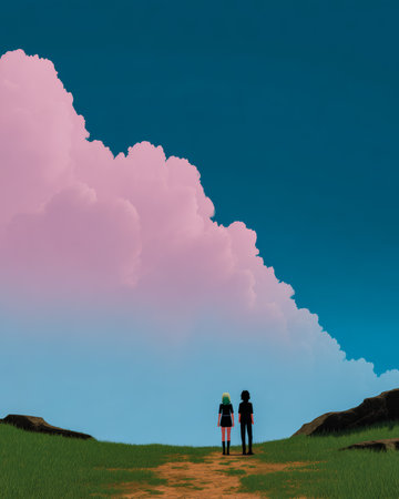 Two friends walk along a winding path through green grass, surrounded by beautiful clouds and a vibrant sky during dusk, enjoying each other's company.の素材