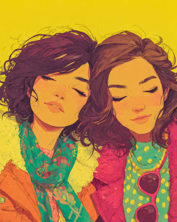 Two friends share a warm moment, embracing each other with smiles. They wear stylish winter jackets and accessories, radiating joyful energy against a sunny, vibrant backdrop.の素材