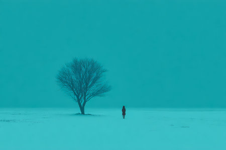 A lone person walks away from a leafless tree in a vast, snowy expanse, surrounded by a tranquil blue atmosphere during winter. The scene evokes feelings of solitude and peace.の素材