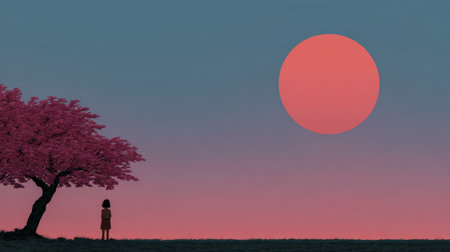 A child gazes peacefully at a giant pink sun setting over a calm landscape. A vibrant cherry blossom tree adds a touch of beauty to the tranquil scene at dusk.の素材