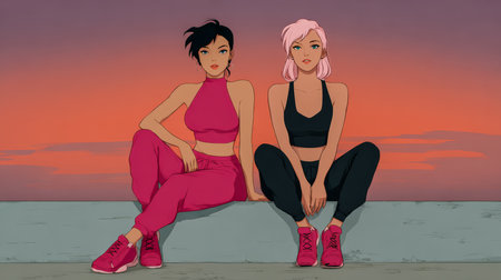 Two young women sit side by side on a ledge, dressed in vibrant athletic wear. They gaze at a colorful sunset, enjoying a moment of relaxation and friendship in the evening light.の素材