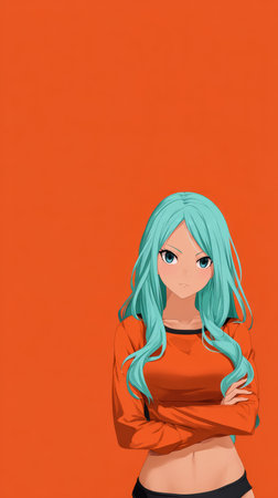 A character with long teal hair stands confidently with arms crossed, wearing a red-orange long-sleeve top. The vibrant orange background creates an energetic atmosphere.の素材