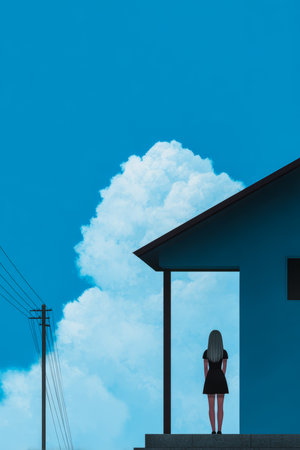 A woman wearing a black dress stands quietly outside a blue house. The bright blue sky is filled with fluffy white clouds, creating a serene daytime atmosphere.の素材